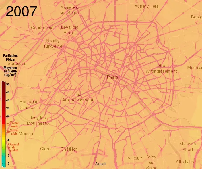 PM25 concentrations from 2007 to 2021 in Paris